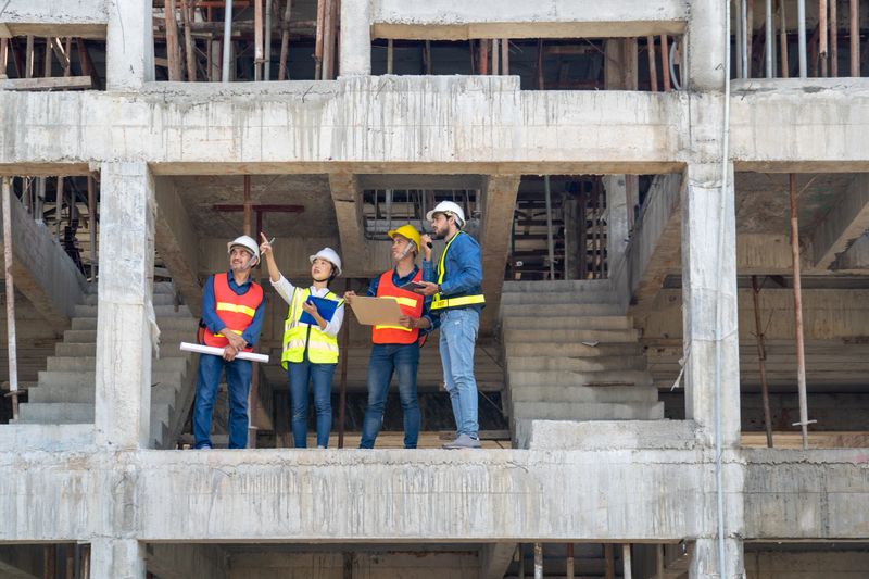 team of civil engineer manager, maintenance supervisor, professional technician foreman together with safety operator inspect and discuss the infrastructure of building construction progress at site