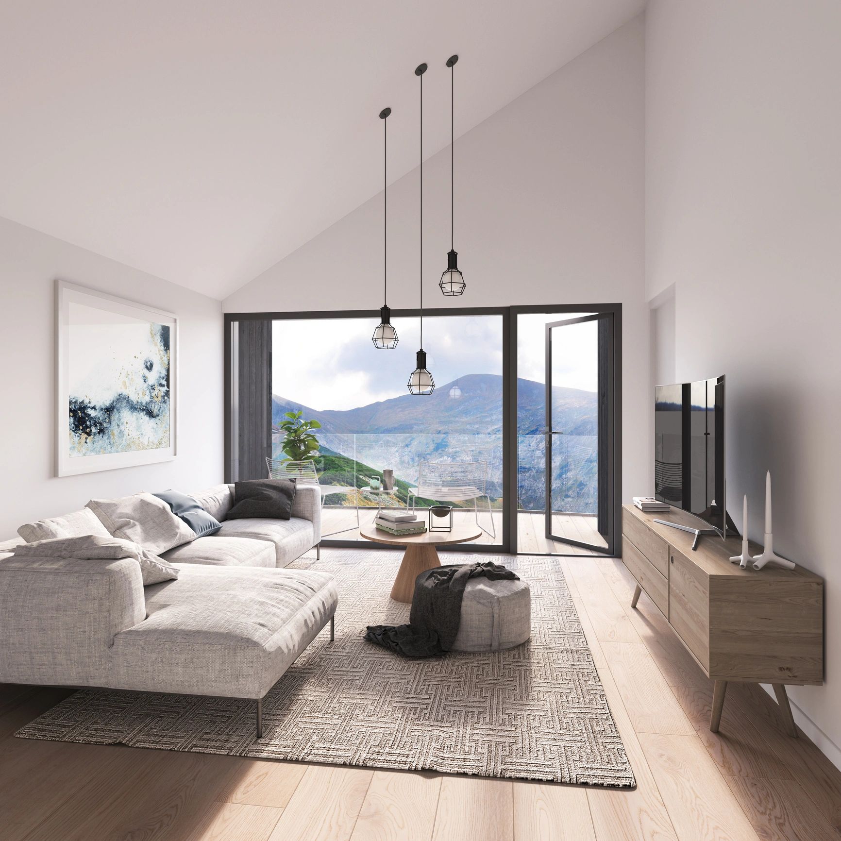 Modern living room with large windows showcasing mountain views and minimalist decor.