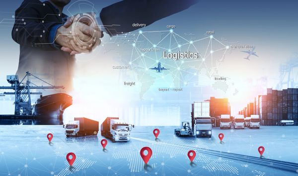 Global logistics illustrated with trucks, ships, and digital connections on a world map background.