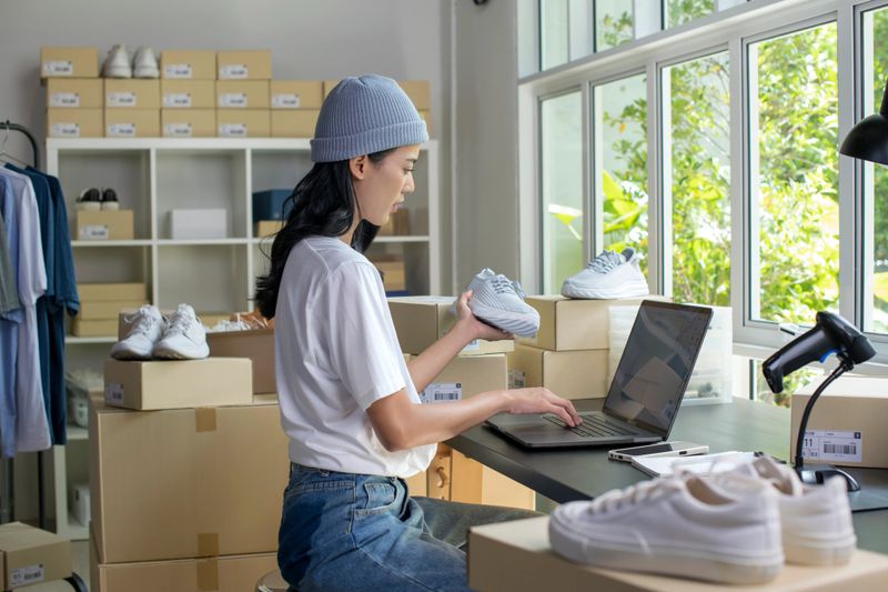 Asian woman online seller using laptop checking stock and Inventory before sending to the customer. E-commerce small business owner.