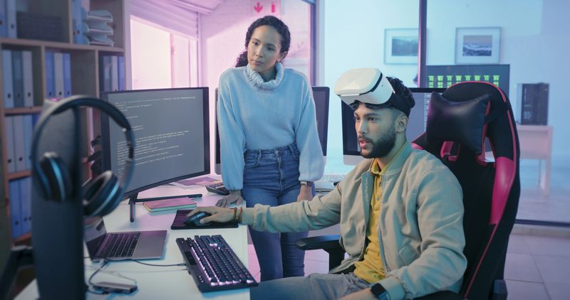 Programming team, VR and games developer, software engineering and digital ai innovation for metaverse, gaming and coding. Graphic designers, virtual reality and computer programmer online technology