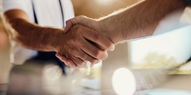 Two people shaking hands in a warm, sunlit setting.
