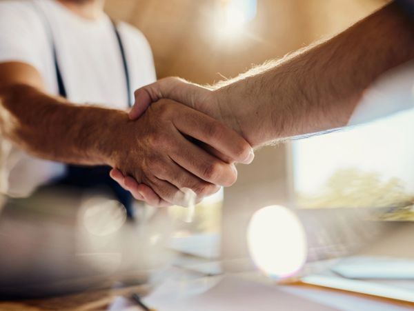 Two people shaking hands in a warm, sunlit setting.