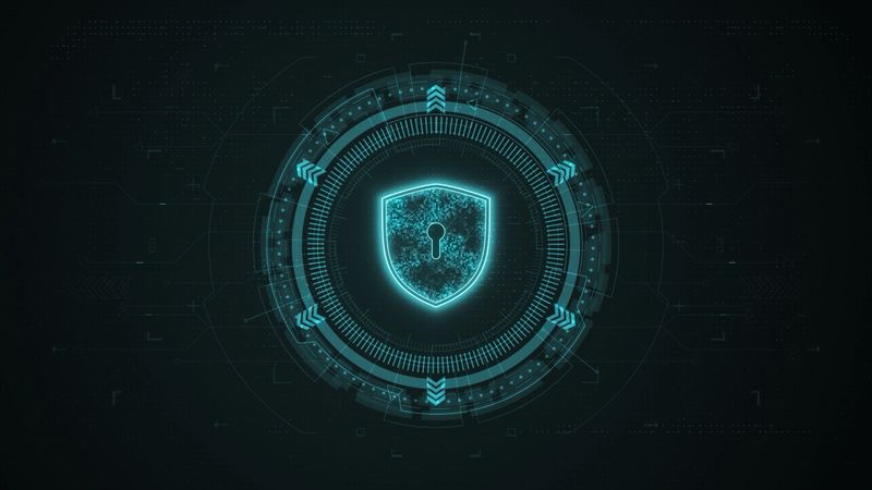 Blue digital security shield logo with rotation HUD UI circle technology interface and futuristic elements abstract background network secure concepts