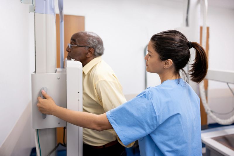 Radiologist taking an x-ray on a senior patient at the hospital - healthcare and medicine concepts