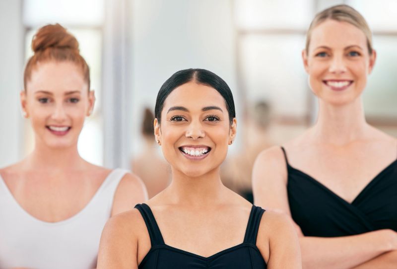 Diversity ballet women portrait in academy dance studio with vision, motivation and professional goal. Group of people or girl dancer team with a smile proud of ballerina training progress together