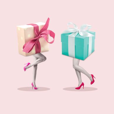 Women with gift box heads and pink heels on a pastel background.