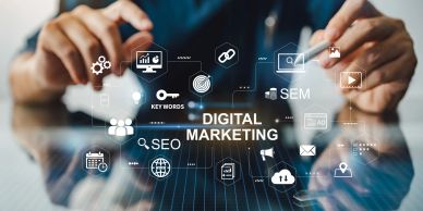 Person interacting with digital marketing icons and keywords.