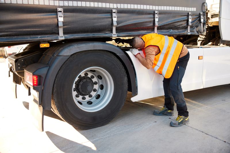 Truck driver seen from behind as he is bent over checking to see that the coupling hitch is secure. Full length