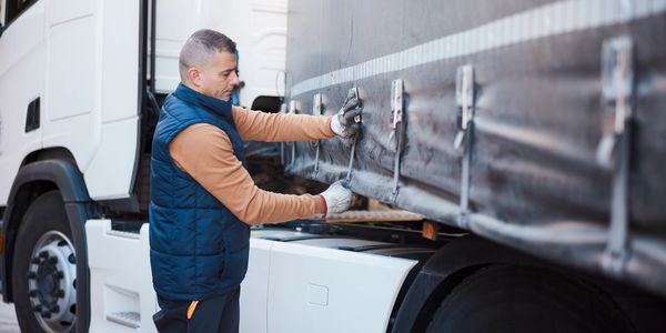 Man securing the tarp on a white truck.