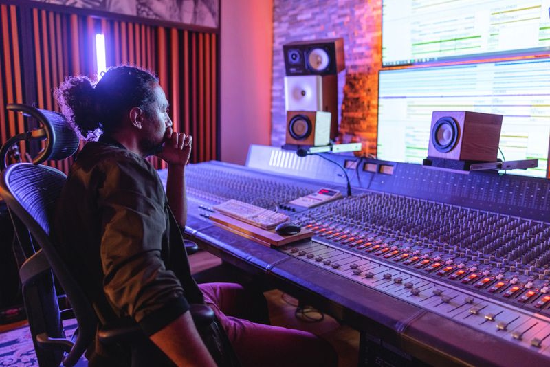 A serious black male audio engineer thinking while looking at a computer screen in a music studio. He has long curly hair and wears cool clothes. He is sitting inf front of an audio mixer with orange lights. There are several loudspeakers surrounding the sitting male. The lights in the studio are violet.