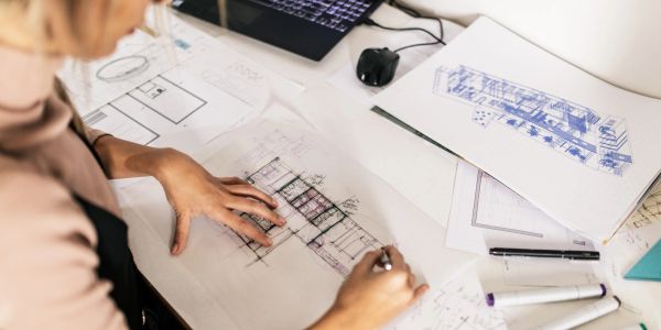 Person sketching architectural plans at a desk.