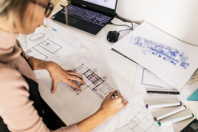 Young woman architect sitting in her office and drawing, preparing and analyzing architectural plans