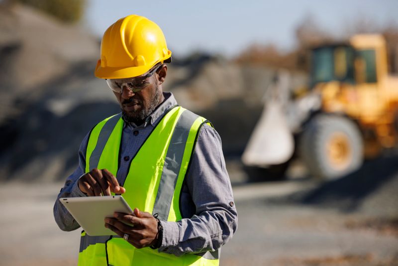 Portrait of male engineer with hardhat using digital tablet while working at construction site