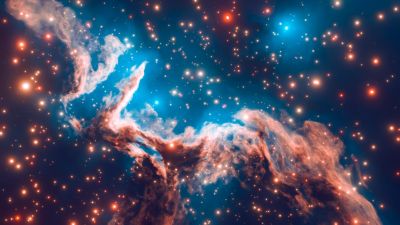 Colorful nebula with glowing stars.