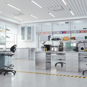 A modern, clean laboratory with scientific equipment and workstations.