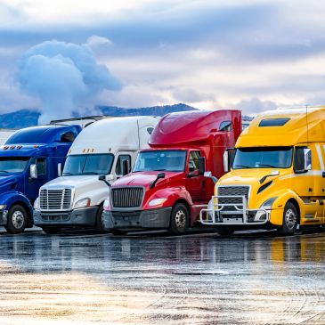 Colorful semi trucks parked in a row on a wet surface.