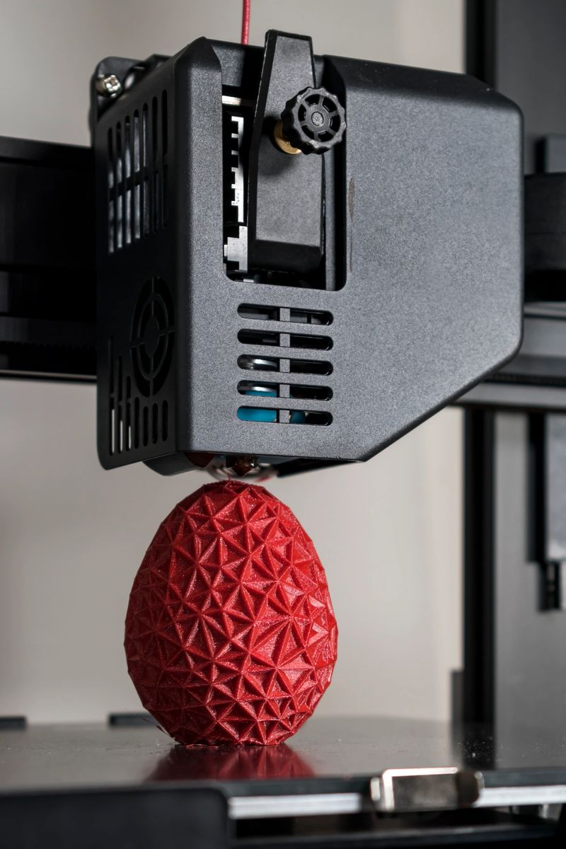 Close up of a 3d printer printing a red polygonal egg