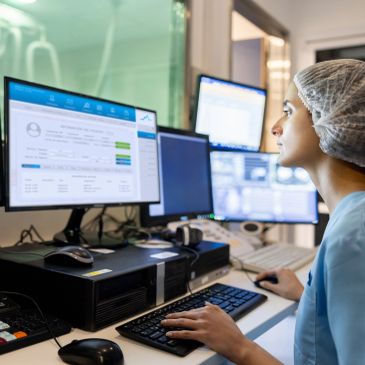 Medical professional analyzing patient data on computer screens.