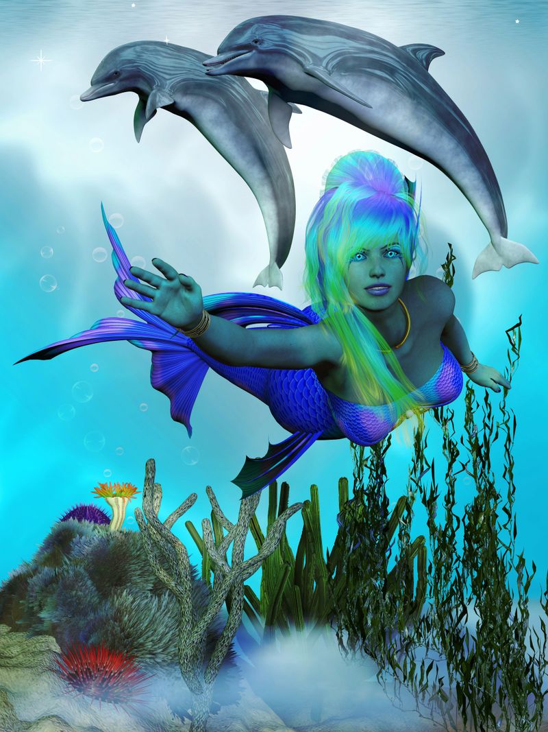 A colorful mermaid swims over a reef along with Bottlenose Dolphins.