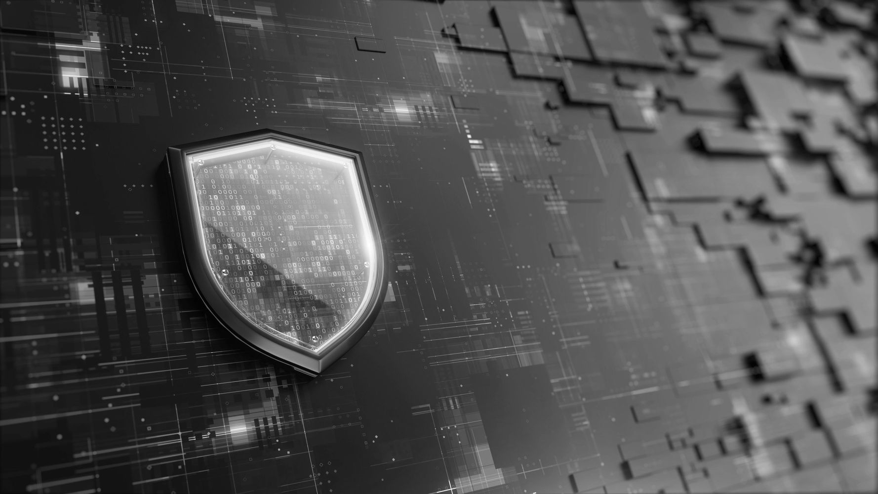 A digital shield representing cybersecurity protection on a futuristic blue background.