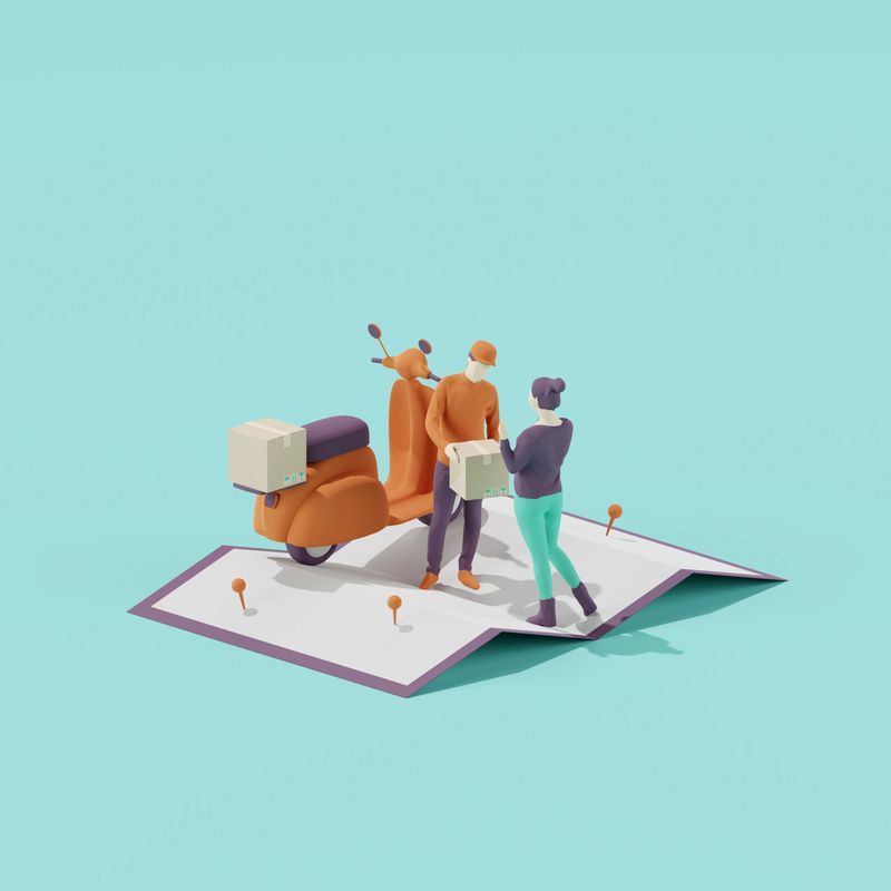 3d render of delivery man and scooter with parcel boxes on location map. Online delivery concept.