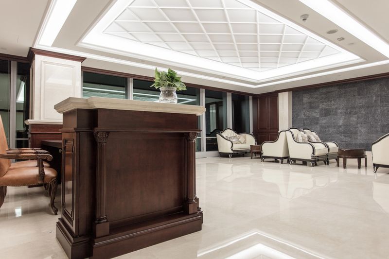 Sofa in hotel reception and lounge area, vintage style decor