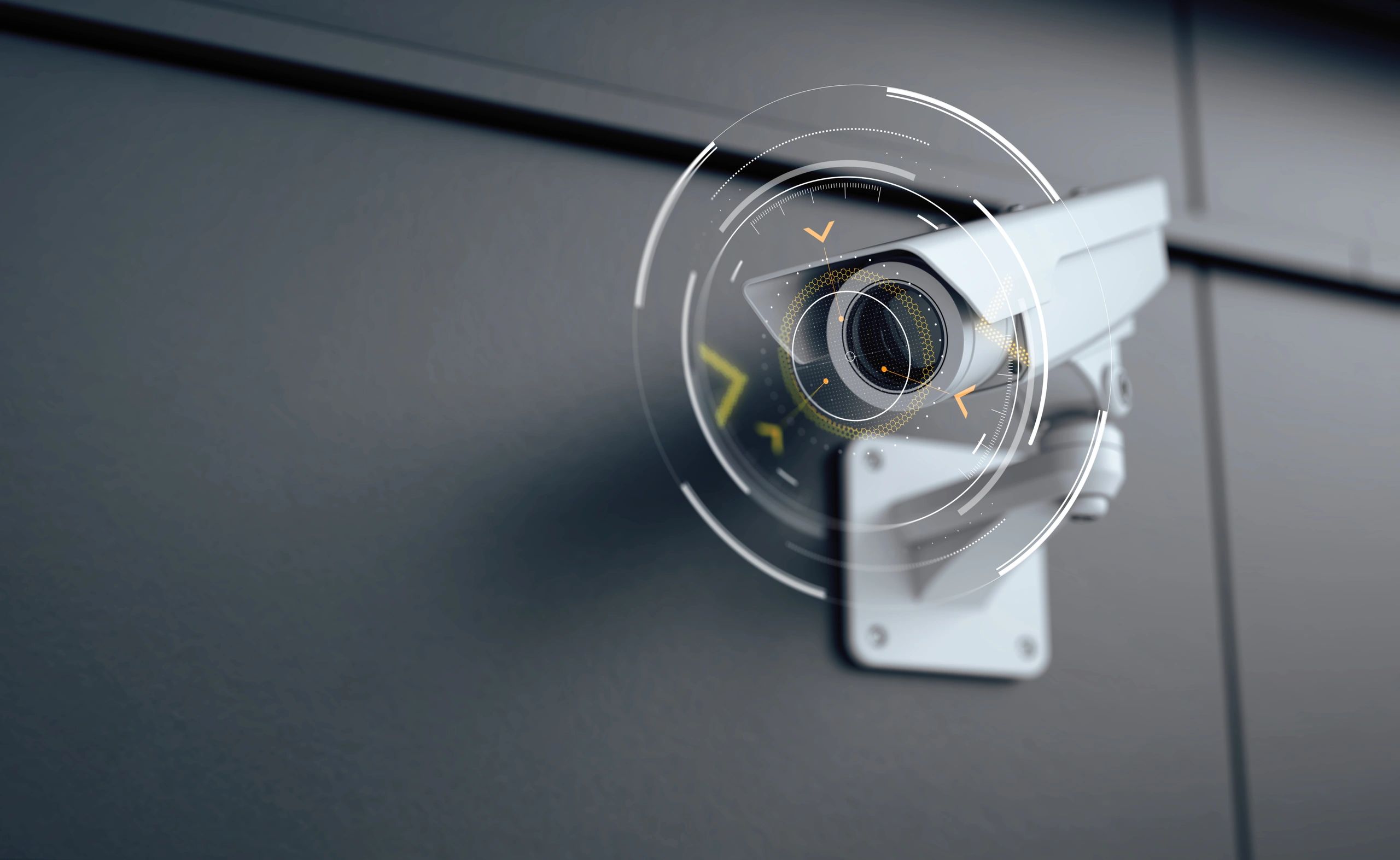 Close-up of a security camera with digital interface overlay.