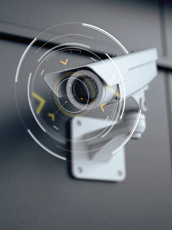 Surveillance camera with digital overlay indicating advanced monitoring technology.
