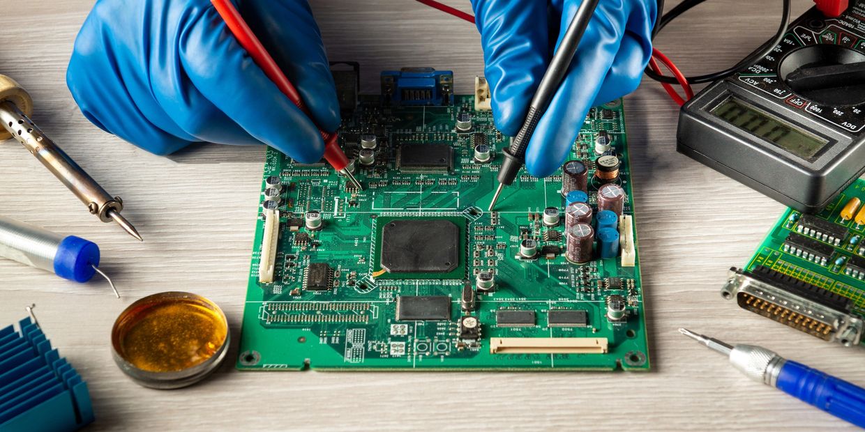 Technician testing a circuit board with a multimeter and soldering tools.