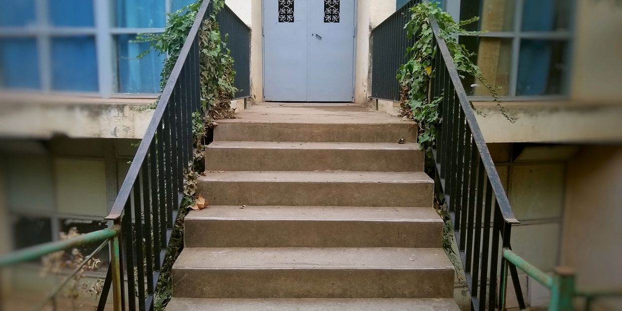 Concrete stairs with iron railings and greenery leading to a closed gray door.