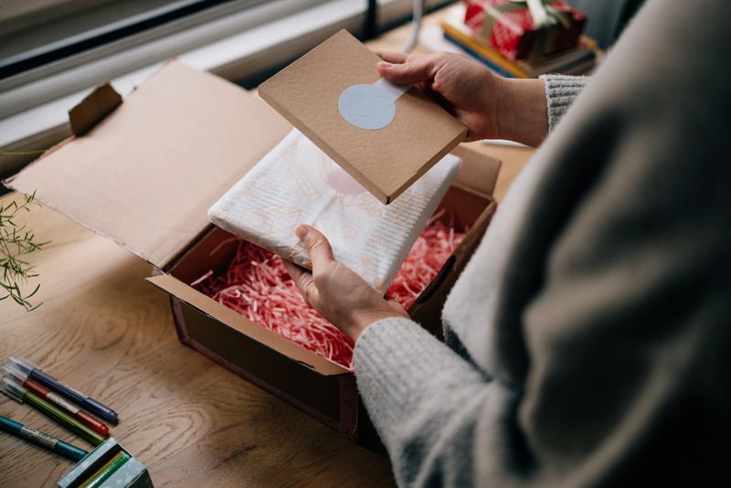 Hands of an unrecognizable woman unpacking a present.