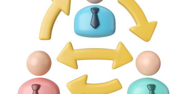 3D icons of three people with arrows depicting communication flow between them.