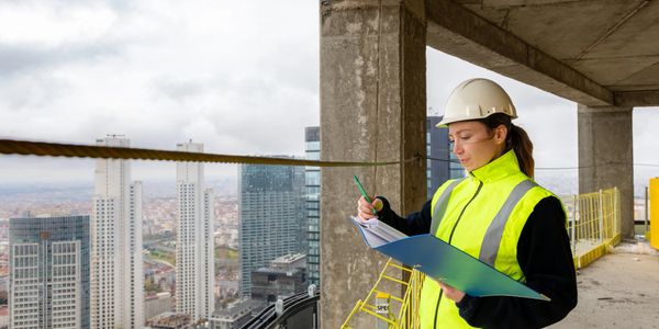 Female construction worker in safety gear reviewing documents on a high-rise site.