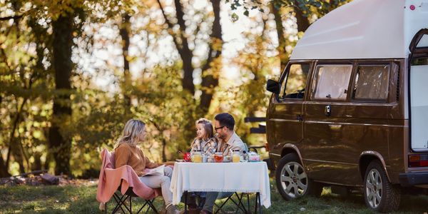 Family camping trip with picnic beside a camper van in the woods.
