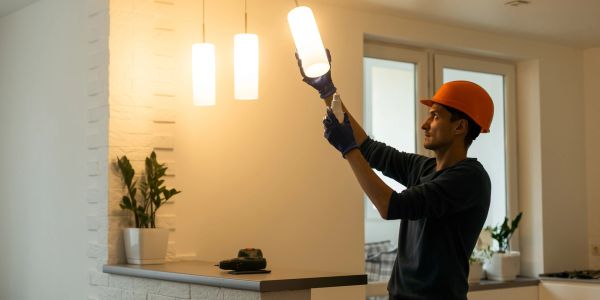 Worker installing a ceiling light fixture indoors.