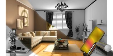 A living room being digitally painted from sketch to full color.