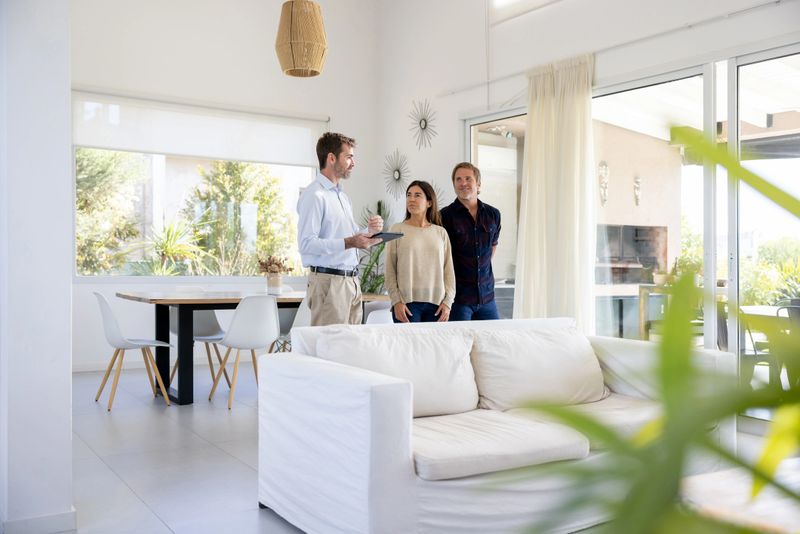 Real estate agent showing a house for sale to a couple interested in buying - home ownership concepts