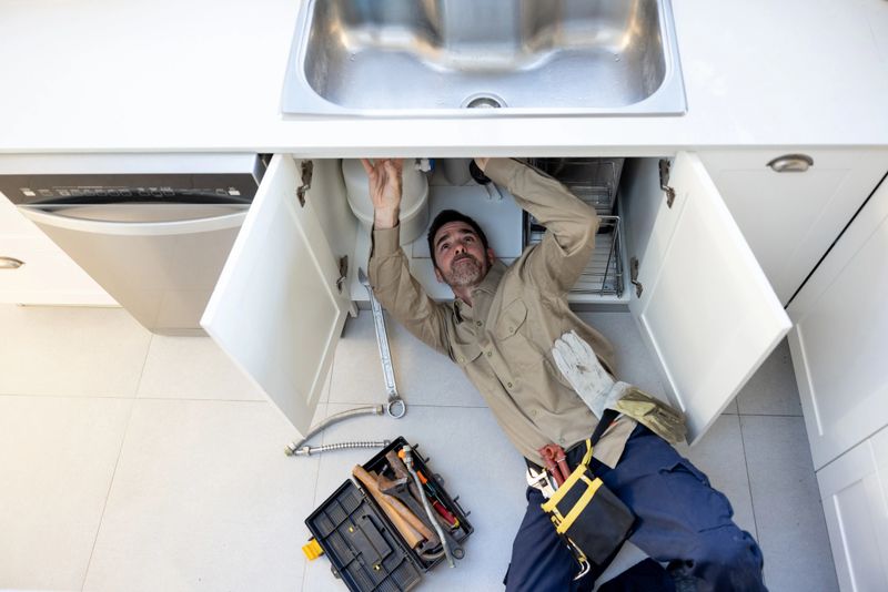 Latin American plumber fixing a leak in the sink of the kitchen - home improvement concepts