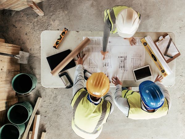 Three construction workers reviewing blueprints at a table.