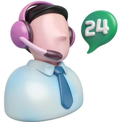3D figure of a customer service agent with a headset and a chat bubble showing number 24.