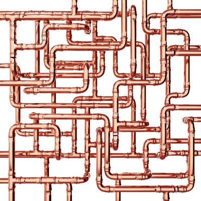 Complex network of copper pipes interconnected.
