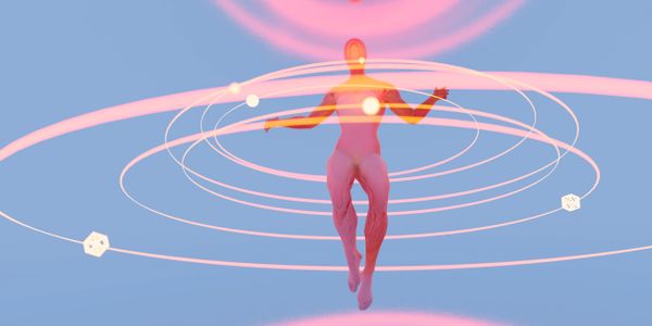 Glowing humanoid figure levitating with cosmic rings and pink energy orbs.