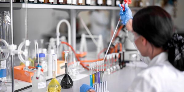 Scientist pipetting liquids into test tubes in a lab.