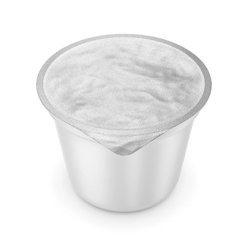 Plastic cup for dairy food with foil lid. Isolated on white. 72x94x70mm 150ml. Mock-up for design presentation. 3D rendering illustration.