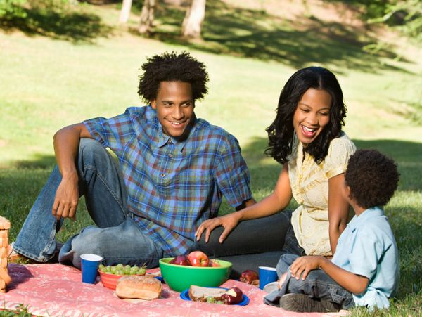 Family enjoying a sunny picnic with food and laughter in the park.