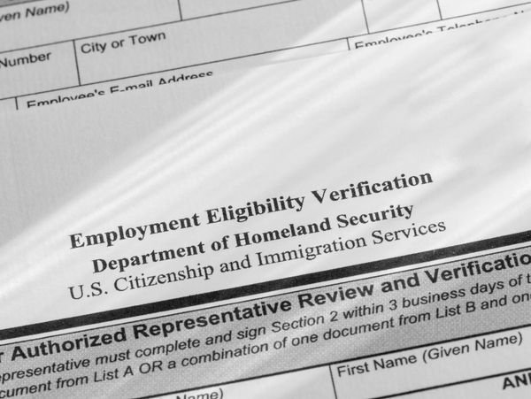 Close-up of a U.S. Employment Eligibility Verification form from the Department of Homeland Security.
