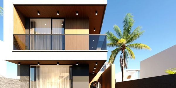 Modern house entrance with sleek design and a black car parked outside.