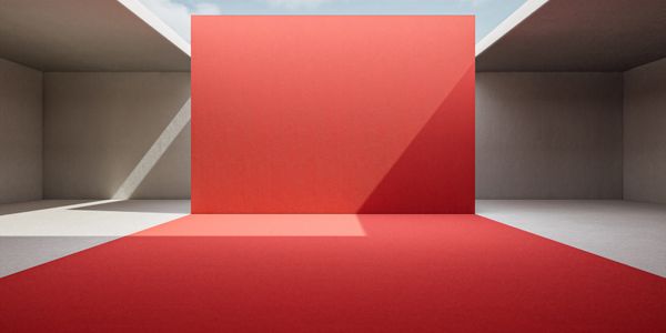 Minimalist room with large red wall and skylight ceiling.