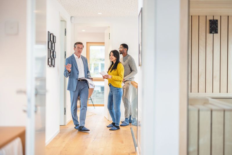 An adult caucasian male real estate agent giving an apartment tour to his clients. His clients are a caucasian wife and her black husband that are looking for a new apartment. They are all walking through the hall and looking at different rooms. The apartment is modern and luxurious.